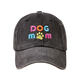 Washed cotton baseball cap with colorful DOG MOM embroidery and paw print on grey fabric