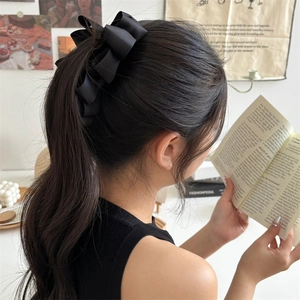 French style large black satin bow banana clip hair accessory for elegant ponytails