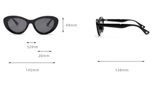 Detailed size chart for cat eye sunglasses showing frame width 145mm and lens height 49mm