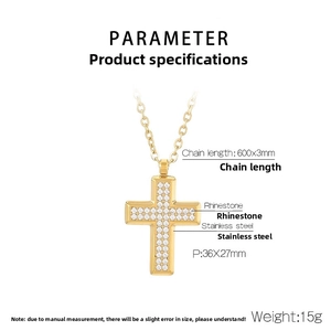 Detailed specs of the gold stainless steel cross necklace with cubic zirconia