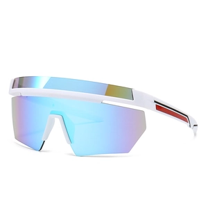 Oversized white shield sunglasses with blue mirrored lens for sports and street style
