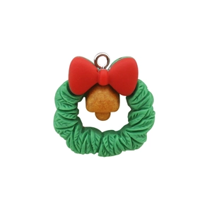 Christmas wreath pendant with red bow and golden bell for DIY jewelry making