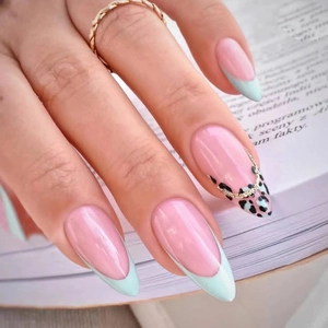 Press On Nails Long Almond Shaped Pink Mint Green French Leopard Print Gold Foil Decoration Professional Manicure For Women