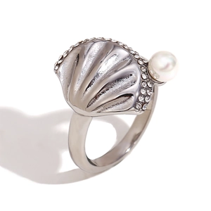 Elegant silver scallop shell ring with white pearl and sparkling crystals for women