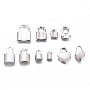 Polished stainless steel lock pendants in square heart and round shapes of various sizes