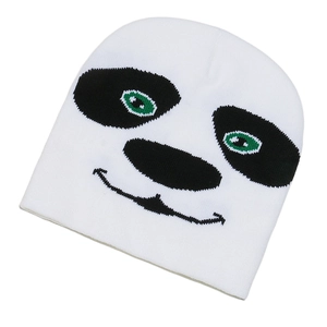 Winter knitted beanie with a cute panda jacquard pattern and a minimalist white base