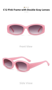 Pink rectangular sunglasses detail featuring textured temples and gradient grey lenses