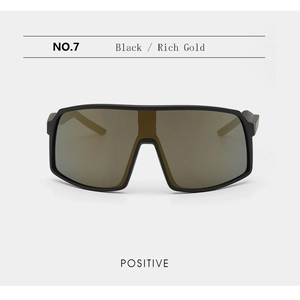 Front view of large frame cycling sunglasses in black and rich gold mirrored finish