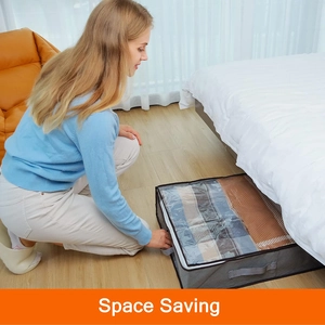 Space-saving grey non-woven underbed storage bag with handle and clear window