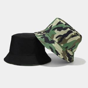 Reversible camouflage and solid black cotton bucket hats for outdoor sun protection