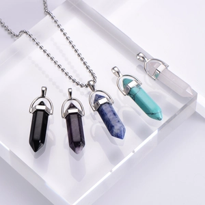 Five colored hexagonal stone point pendants in black, purple, blue, green and pink stones