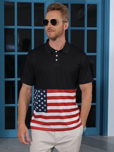 Detail of men's polo shirt featuring a black upper half and American flag pattern lower half