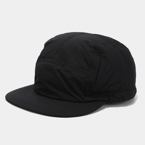 Detail view of the black 5-panel camping cap with water-resistant nylon quilted texture