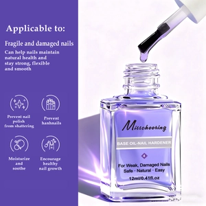 Detail of 12ml purple nail strengthening base oil in a clear glass bottle with black cap