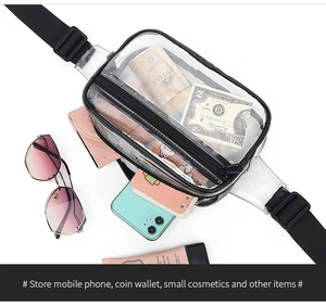 Close-up of waterproof transparent PVC waist bag with black zipper and adjustable strap