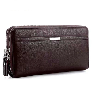 Men's double zipper business clutch in wine red leather with large capacity capacity