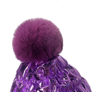 Metallic purple knit beanie for women with laser reflection and soft faux fur pom-pom