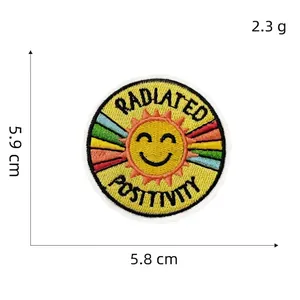 Colorful sun embroidery patch with Radiated Positivity quote measuring 5.9x5.8cm