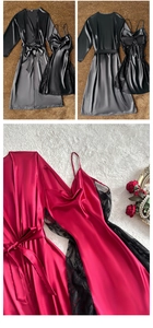 Détail d'un ensemble de nuit en satin avec dentelle noire et finition soyeuse brillante