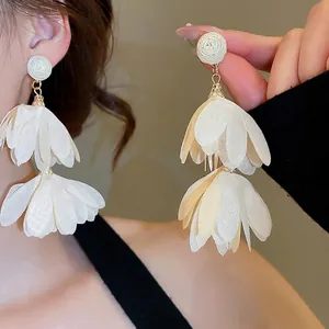 Bohemian Chiffon Flower Petal Drop Earrings For Women Long Fabric Tassel Jewelry With Stainless Steel Earring Post