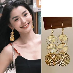 Geometric Triple Concentric Textured Disc Dangle Earrings Alloy With 925 Sterling Silver Earring Post For Women
