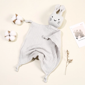 Grey cotton muslin baby security blanket with cute bunny head and knotted corners