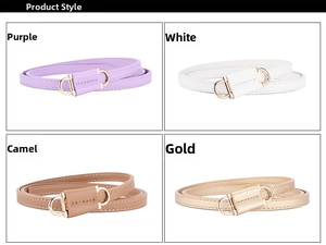 Detail of slim PU leather belts for women in four colors with gold horseshoe buckles