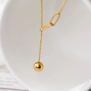 Titanium steel tassel gold necklace with ball pendant and polished bead chain style