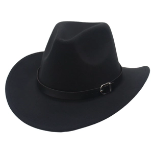 Detail of black felt cowboy hat featuring thin leather band and silver buckle accent