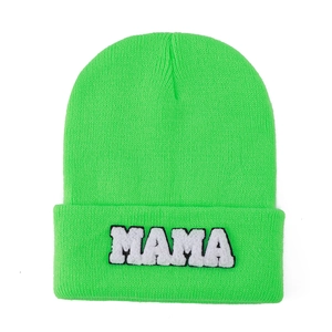 Neon green knitted beanie hat with MAMA towel embroidery patch for women