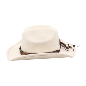 Detail of white felt cowboy hat featuring a brown leather band with gold metal rivets