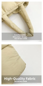 Detail of padded shoulder strap and quilted puffer fabric on beige tote bag