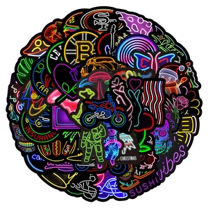 Close-up of waterproof neon style graffiti stickers with vibrant colors and diverse patterns