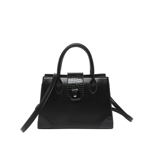 Fashionable black crocodile texture tote bag with crossbody strap and gold metal buckle