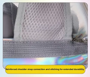 Détail des coutures renforcées de la sangle et maille respirante du sac à dos irisé pour chat