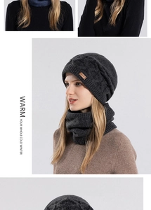 Detailed cable knit texture of dark grey winter beanie and neck warmer set