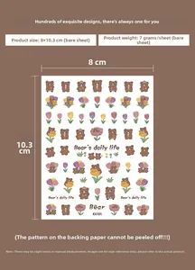 Macro shot of bear and tulip nail art stickers measuring 8x10.3cm for manicures
