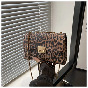 Detail view of leopard print shoulder bag with gold chain strap and metal handle