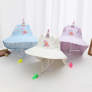 Detail of unicorn sun hats with breathable mesh, wide brims, and whistle wind ropes