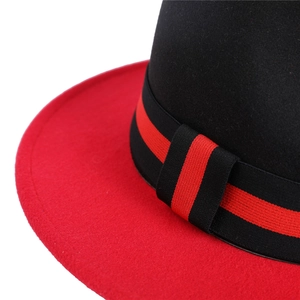 British style black and red wool felt fedora hat featuring a stylish striped ribbon band