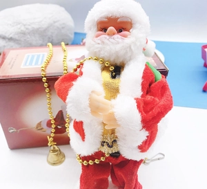 Detail of electric Santa Claus plush with golden bead chain and colorful gift packaging