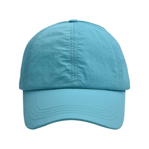 Detail of light blue quick-dry sun visor showing fabric texture and brim stitching