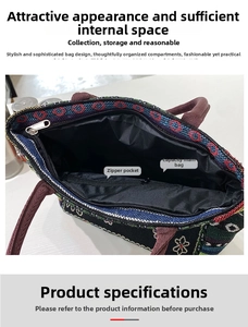 Detail view of ethnic canvas tote bag interior with large main pocket and zipper pocket