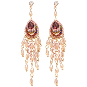 Bohemian silver needle drop tassel earrings with purple gems and colorful crystals