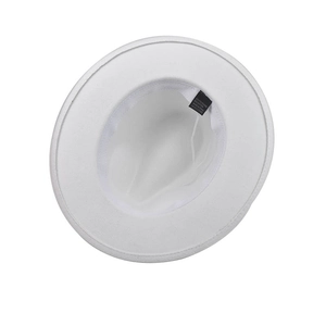 Inside view of white wide brim fedora hat showing cotton blend material and inner sweatband