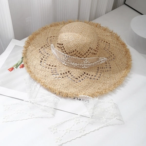 Chapeau de soleil en raphia tissé main avec couronne creuse et ruban dentelle étoile