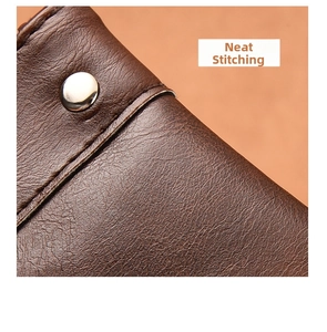 Close-up of brown litchi grain leather texture with neat stitching and silver metal rivet