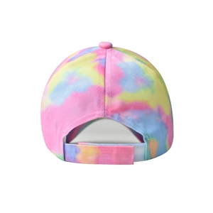 Rear view detail of tie-dye sun hat showing adjustable velcro strap and colorful fabric