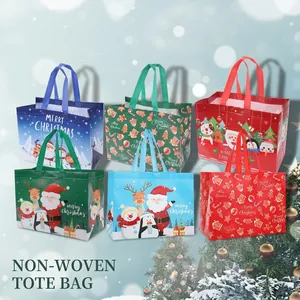 Christmas Gift Bag Laminated Non-woven Fabric Santa Claus Snowman Reindeer Patterns Large Capacity Shopping Handbag