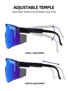 Detail of adjustable temples on cycling sports sunglasses showing angle and length shifts